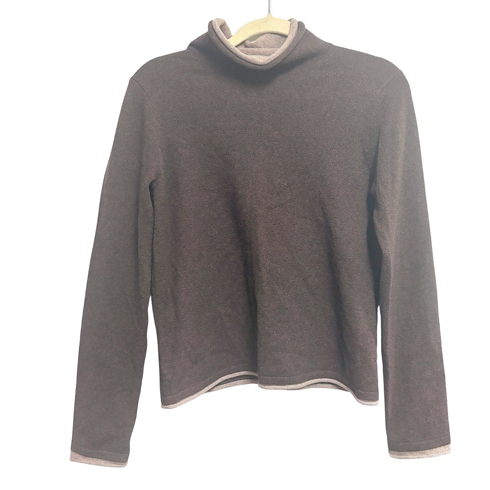 Evelyn Cashmere Roll Neck Mock Neck Minimalist Brown Sweater Double Trim M